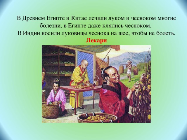    В Древнем Египте и Китае лечили луком и чесноком многие болезни, в Египте даже клялись чесноком. В Индии носили луковицы чеснока на шее, чтобы не болеть. Лекари 