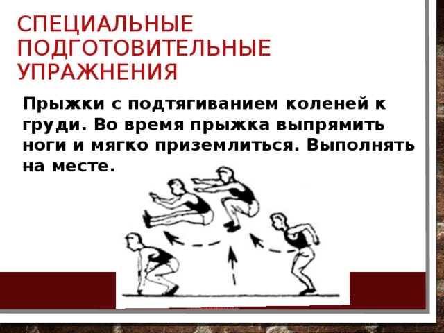 Специально подготовительные. Специально подготовительные упражнения. Прыжки с подтягиванием коленей к груди на месте. Подводящие и подготовительные упражнения это. Специально подготовительные упражнения прыжковые.