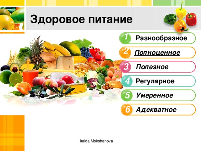 Питание 6. Сбалансированное и адекватное питание. Умеренное и разнообразное питание. Составить здоровое и разнообразное питание. Питание должно быть умеренным.