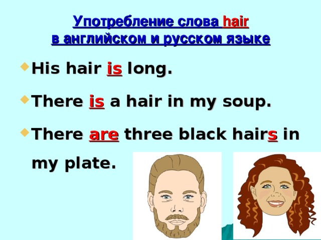 Употребление слова hair  в английском и русском языке His hair is long. There is a hair in my soup. There are three black hair s in my plate. 