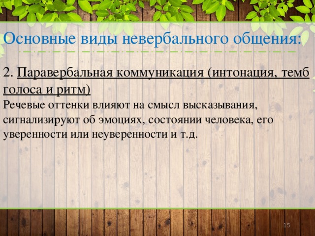 Основные виды невербального общения: 2. Паравербальная коммуникация (интонация, темб голоса и ритм)  Речевые оттенки влияют на смысл высказывания, сигнализируют об эмоциях, состоянии человека, его уверенности или неуверен­ности и т.д.      