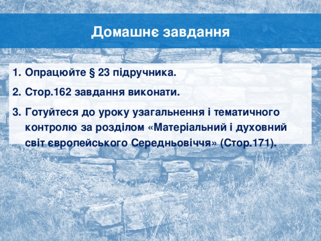 Домашнє завдання Опрацюйте § 23 підручника. Стор.162 завдання виконати. Готуйтеся до уроку узагальнення і тематичного контролю за розділом «Матеріальний і духовний світ європейського Середньовіччя» (Стор.171). 