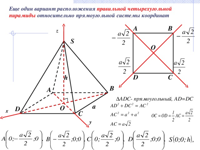 Еще один вариант расположения правильной четырехугольной пирамиды относительно прямоугольной системы координат A B z S O D C h B A ∆ ADC- прямоугольный, AD=DC a O D x C y 20 