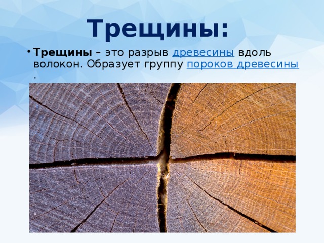 Трещины: Трещины – это разрыв  древесины  вдоль волокон. Образует группу  пороков древесины . 