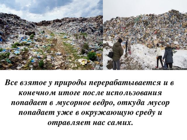 Все взятое у природы перерабатывается и в конечном итоге после использования попадает в мусорное ведро, откуда мусор попадает уже в окружающую среду и отравляет нас самих.