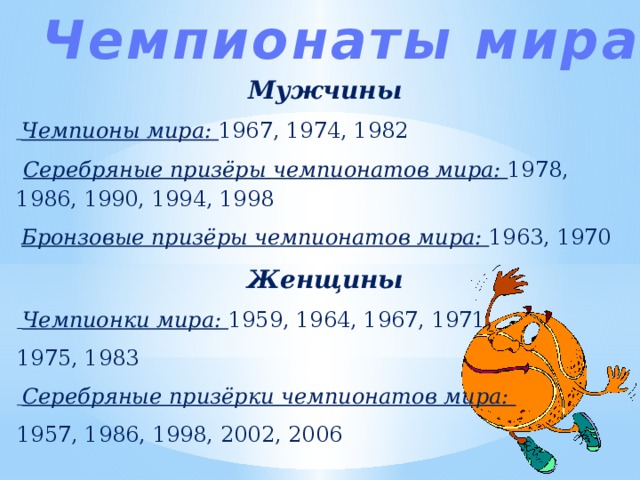 Чемпионаты мира Мужчины  Чемпионы мира: 1967, 1974, 1982  Серебряные призёры чемпионатов мира: 1978, 1986, 1990, 1994, 1998  Бронзовые призёры чемпионатов мира: 1963, 1970 Женщины  Чемпионки мира: 1959, 1964, 1967, 1971, 1975, 1983  Серебряные призёрки чемпионатов мира: 1957, 1986, 1998, 2002, 2006