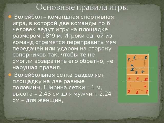 Волейбол – командная спортивная игра, в которой две команды по 6 человек ведут игру на площадке размером 18*9 м. Игроки одной из команд стремятся переправить мяч передачей или ударом на сторону соперников так, чтобы те не смогли возвратить его обратно, не нарушая правил.  Волейбольная сетка разделяет площадку на две равные половины. Ширина сетки – 1 м, высота – 2,43 см для мужчин, 2,24 см – для женщин,