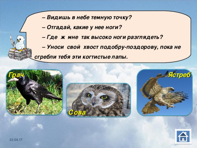  – Видишь в небе темную точку? – Отгадай, какие у нее ноги? – Где ж мне так высоко ноги разглядеть? – Уноси свой хвост подобру-поздорову, пока не сгребли тебя эти когтистые лапы. Грач Ястреб     Сова 22.04.17 