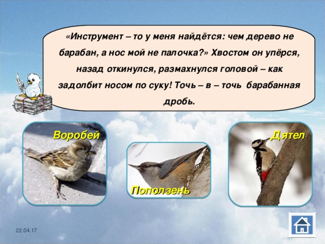  «Инструмент – то у меня найдётся: чем дерево не барабан, а нос мой не палочка?» Хвостом он упёрся, назад откинулся, размахнулся головой – как задолбит носом по суку! Точь – в – точь барабанная дробь. Воробей Дятел     Поползень 22.04.17 