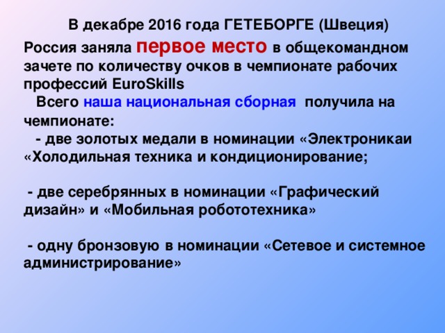    В декабре 2016 года ГЕТЕБОРГЕ (Швеция) Россия заняла первое место в общекомандном зачете по количеству очков в чемпионате рабочих профессий EuroSkills  Всего наша национальная сборная  получила на чемпионате:   - две золотых медали в номинации «Электроникаи «Холодильная техника и кондиционирование;    - две серебрянных в номинации «Графический дизайн» и «Мобильная робототехника»  - одну бронзовую в номинации «Сетевое и системное администрирование» 