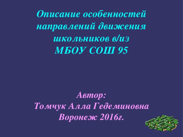 Описание особенностей направлений движения школьников в/из МБОУ СОШ 95    Автор: Томчук Алла Гедеминовна Воронеж 2016г. 