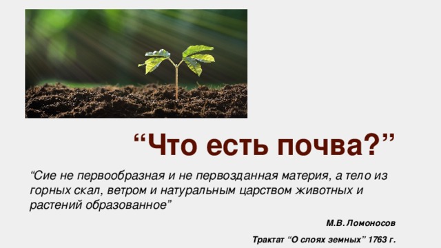 “ Что есть почва?” “ Сие не первообразная и не первозданная материя, а тело из горных скал, ветром и натуральным царством животных и растений образованное” М.В. Ломоносов Трактат “О слоях земных” 1763 г. 