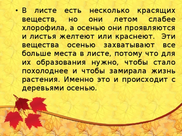 Почему листья на деревьях осенью желтеют а на комнатных растениях нет проект