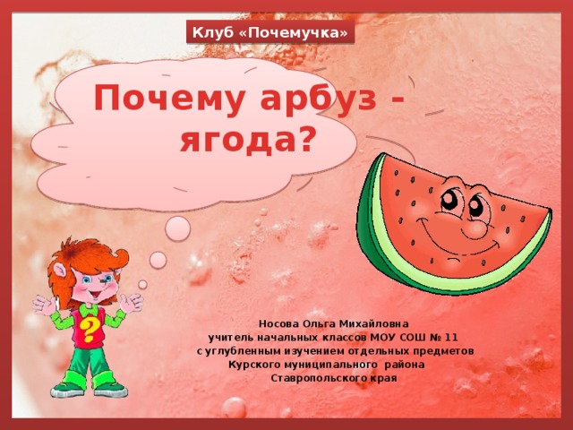 Клуб «Почемучка» Почему арбуз - ягода? Носова Ольга Михайловна учитель начальных классов МОУ СОШ № 11  с углубленным изучением отдельных предметов Курского муниципального района Ставропольского края 