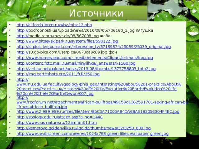 Источники http://allforchildren.ru/why/misc12.php http:// podrobnosti.ua/upload/news/2010/08/05/706160_3.jpg лягушка http:// media.repro-mayr.de/98/567098.jpg жаба http:// www.bitsevskipark.ru/system/files/590122.jpg http:// ic.pics.livejournal.com/interesnoe_tv/37189874/25039/25039_original.jpg http:// s3.gb-pics.com/userpics/0673ca9c89.jpg фон http://www.homestead.com/~ media/elements/Clipart/animals/frog.jpg http://content.foto.mail.ru/mail/ninylihka/_ answers/i-1560.jpg http:// vintika.net/uploads/posts/2013-08/thumbs/1377758803_foto2.jpg http:// img.earthshots.org/2011/full/350.jpg http:// www.lnu.edu.ua/faculty/geology/phis_geo/Intersting%20about%201-practice/About%20practices/Practics_ua/History%20of%20life/Evolution%20Earth/Evolution%20life%20on%20the%20Earth/Devon/007.jpg http:// www.frogforum.net/attachments/african-bullfrogs/49159d1362591701-sexing-african-bullfrogs-african_bullfrog.jpg http:// www.2-999-999.ru/files/file/item/B5C5A71005A84DA68AE183056304F4EC.jpg http:// zoology.edu.ru/attach.asp?a_no=1446 http:// www.rus-nature.ru/12amf/m01.htm http:// kemerovo.goldenvilka.ru/igold2/thumbs/news/32/3250_800.jpg http:// www.iwallscreen.com/newres/1024x768-green-lilies-wallpaper-green.jpg 