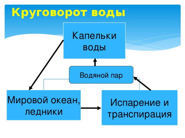 Круговорот воды Капельки воды Водяной пар Мировой океан, ледники Испарение и транспирация 