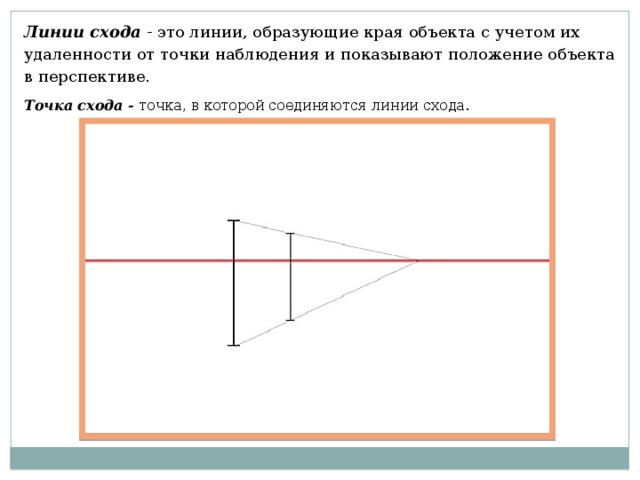 Линии схода - это линии, образующие края объекта с учетом их удаленности от точки наблюдения и показывают положение объекта в перспективе.  Точка схода - точка, в которой соединяются линии схода. 