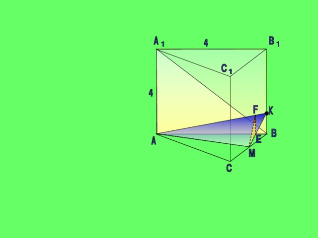 В правильной четырехугольной призме ABCDA 1 B 1 C 1 D 1 стороны основания равны 5, а боковые ребра 9. На ребре ВВ 1  отмечена точка К так, что В 1 К : ВК = 1 : 2. Найдите угол между плоскостями ABC  и A К C 1 . 