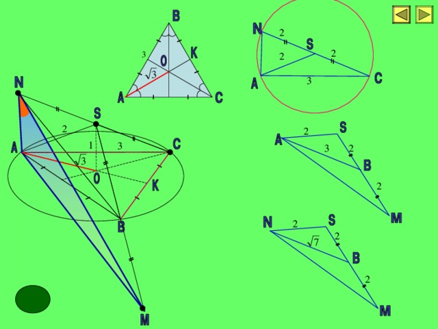 В основание конуса с высотой 1, радиусом основания  3 и вершиной S вписан равносторонний треугольник ABC . На образующих SB и SC взяты точки M и N соответственно так, что SM : MB = 2 и CN : NS = 2. Найдите косинус угла ANM 4 