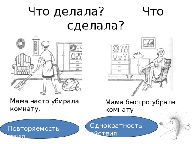 Мама быстро убрала комнату Что делала? Что сделала? Мама часто  убирала  комнату .   Однократность действия  Повторяемость действия 