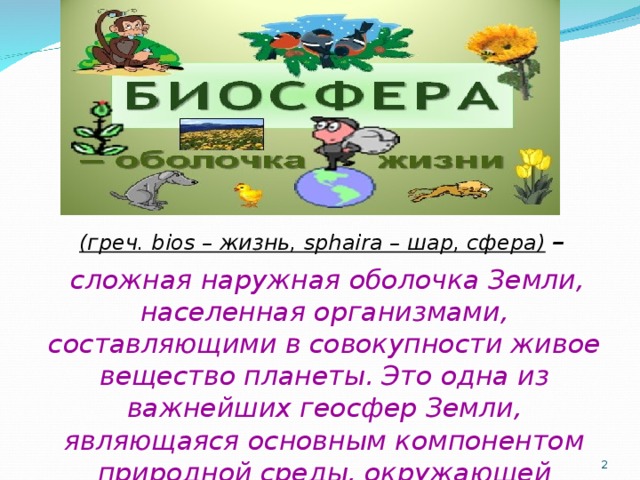  (греч. bios – жизнь, sphaira – шар, сфера)   –  сложная наружная оболочка Земли, населенная организмами, составляющими в совокупности живое вещество планеты. Это одна из важнейших геосфер Земли, являющаяся основным компонентом природной среды, окружающей человека  