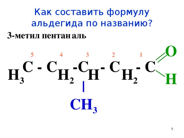 Как составить формулу  альдегида по названию? 3-метил пентан аль O H  5  4   3  2   1 С - С   - С - С - С   H 3 H 2 H H 2 | CH 3  