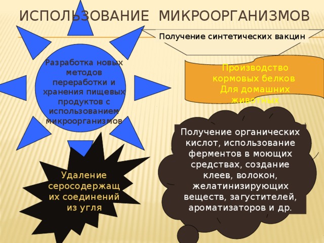 Использование микроорганизмов Получение синтетических вакцин Разработка новых методов переработки и хранения пищевых продуктов с использованием микроорганизмов Производство кормовых белков Для домашних животных Получение органических кислот, использование ферментов в моющих средствах, создание клеев, волокон, желатинизирующих веществ, загустителей, ароматизаторов и др. Удаление серосодержащих соединений из угля 