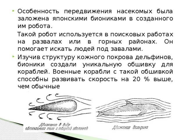 Особенность передвижения насекомых была заложена японскими биониками в созданного им робота.  Такой робот используется в поисковых работах на развалах или в горных районах. Он помогает искать людей под завалами. Изучив структуру кожного покрова дельфинов, бионики создали уникальную обшивку для кораблей. Военные корабли с такой обшивкой способны развивать скорость на 20 % выше, чем обычные 