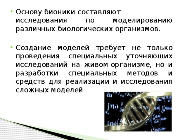 Основу бионики составляют исследования по моделированию различных биологических организмов.  Создание моделей требует не только проведения специальных уточняющих исследований на живом организме, но и разработки специальных методов и средств для реализации и исследования сложных моделей 