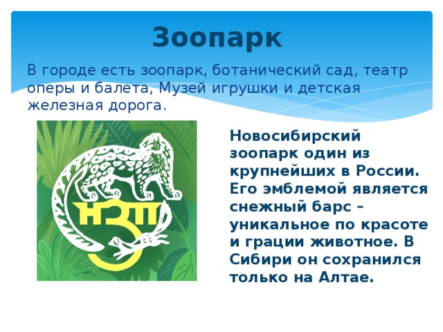 Зоопарк В городе есть зоопарк, ботанический сад, театр оперы и балета, Музей игрушки и детская железная дорога. Новосибирский зоопарк один из крупнейших в России. Его эмблемой является снежный барс – уникальное по красоте и грации животное. В Сибири он сохранился только на Алтае. 