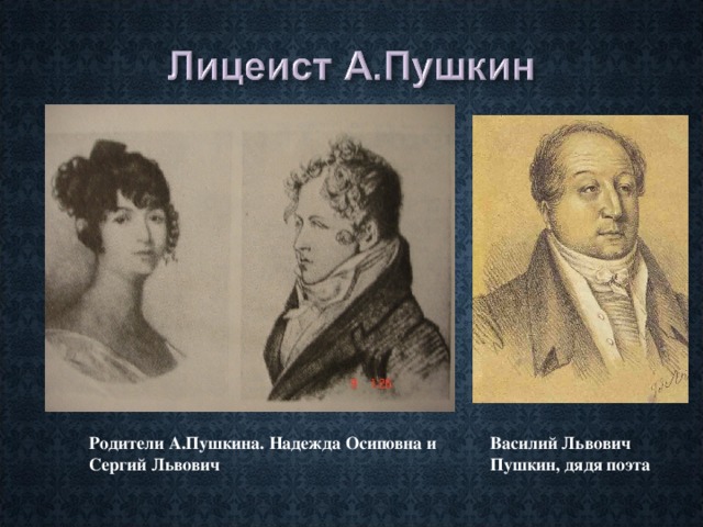 Родители А.Пушкина. Надежда Осиповна и Сергий Львович Василий Львович Пушкин, дядя поэта 