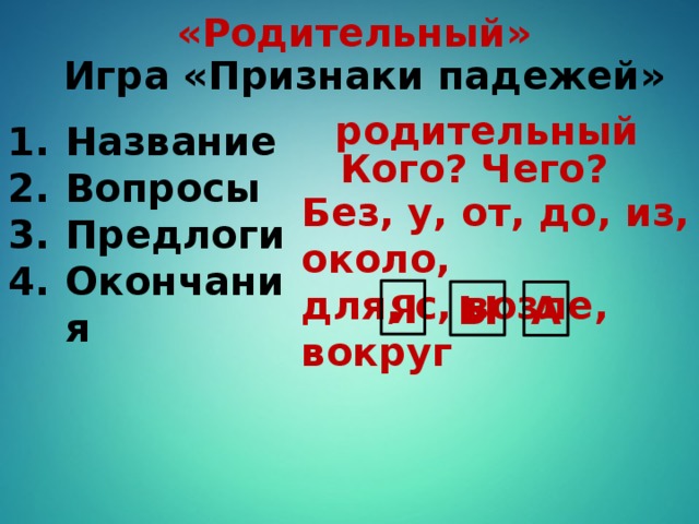 «Родительный» Игра «Признаки падежей» родительный Название Вопросы Предлоги Окончания Кого? Чего? Без, у, от, до, из, около, для, с, возле, вокруг Я Ы А