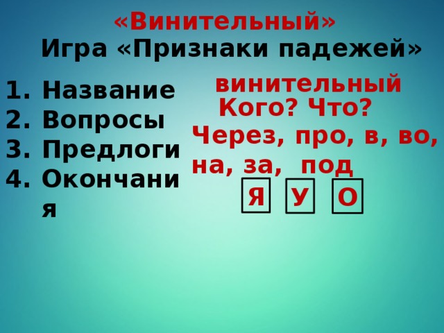 «Винительный» Игра «Признаки падежей» винительный Название Вопросы Предлоги Окончания Кого? Что? Через, про, в, во, на, за, под Я У О