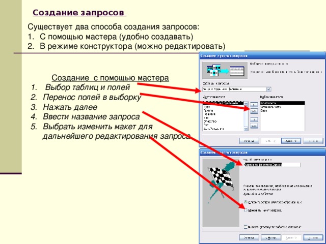 Предложите два способа. Способы создания запросов. Какими способами можно создать запрос?. Создание запросов с помощью «мастера запросов». Какие запросы можно создать с помощью мастера запросов.