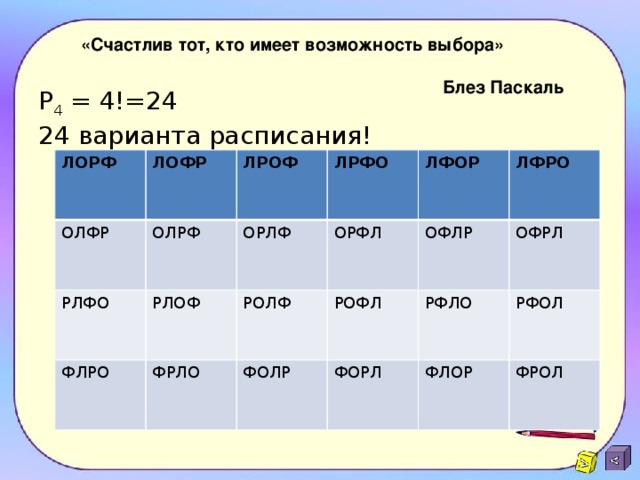  «Счастлив тот, кто имеет возможность выбора»  Блез Паскаль  Р 4 = 4!=24  24 варианта расписания! ЛОРФ ЛОФР  ОЛФР  ОЛРФ ЛРОФ РЛФО ФЛРО РЛОФ ОРЛФ ЛРФО  ОРФЛ ФРЛО  ЛФОР РОЛФ ФОЛР РОФЛ  ЛФРО ОФЛР ФОРЛ  ОФРЛ РФЛО ФЛОР РФОЛ ФРОЛ 