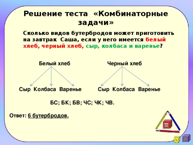 Решение теста. Комбинаторная задача сколько сэндвичей. Какова вида слова решить.