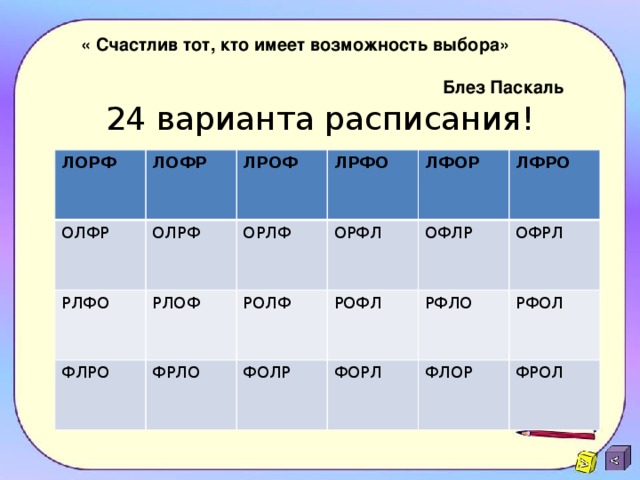 « Счастлив тот, кто имеет возможность выбора»  Блез Паскаль  24 варианта расписания! ЛОРФ ЛОФР  ОЛФР  ОЛРФ ЛРОФ РЛФО ФЛРО РЛОФ ОРЛФ ЛРФО  ОРФЛ ФРЛО  ЛФОР РОЛФ ФОЛР РОФЛ  ЛФРО ОФЛР ФОРЛ  ОФРЛ РФЛО ФЛОР РФОЛ ФРОЛ 