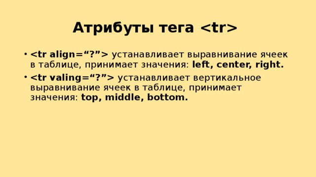 Атрибуты тега   устанавливает выравнивание ячеек в таблице, принимает значения: left, center, right.  устанавливает вертикальное выравнивание ячеек в таблице, принимает значения: top, middle, bottom. 