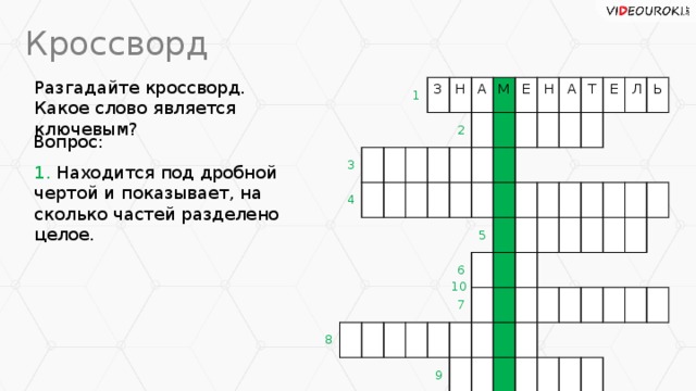 Кроссворд Разгадайте кроссворд. Какое слово является ключевым? Л Н А Ь Е Т А Н Е М З 3 4 1 8 2 5 6 7 9 Вопрос: 1. Находится под дробной чертой и показывает, на сколько частей разделено целое. 10