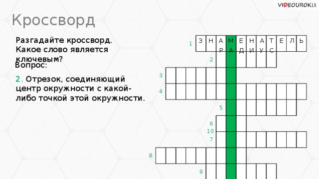 Кроссворд Разгадайте кроссворд. Какое слово является ключевым? Л Н З М Е Н А Т Е А Ь 3 4 1 8 2 6 5 7 9 Д С У И А Р Вопрос: 2. Отрезок, соединяющий центр окружности с какой-либо точкой этой окружности. 10