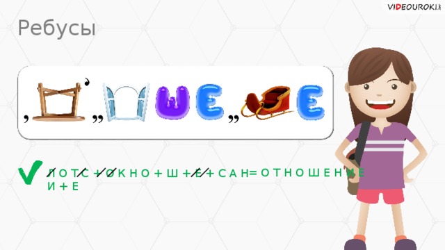 Ребусы = О Т Н О Ш Е Н И Е Л О Т С + О К Н О + Ш + Е + С А Н И + Е