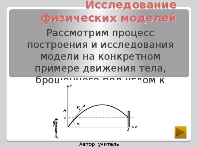 Исследование физических моделей Рассмотрим процесс построения и исследования модели на конкретном примере движения тела, брошенного под углом к горизонту Автор учитель информатики Ралкина С. П.  