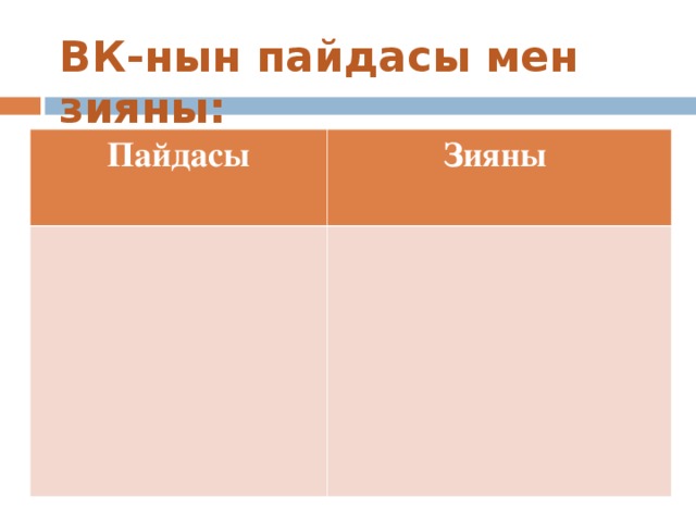 ВК-нын пайдасы мен зияны: Пайдасы Зияны  