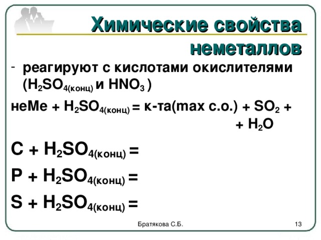 Химические свойства неметаллов реагируют с кислотами окислителями (H 2 SO 4( конц) и HNO 3 ) неМе + H 2 SO 4( конц) = к-та( max c.o.) + SO 2 +         + H 2 O C + H 2 SO 4( конц) = P + H 2 SO 4( конц) = S + H 2 SO 4( конц) =      Братякова С.Б.  