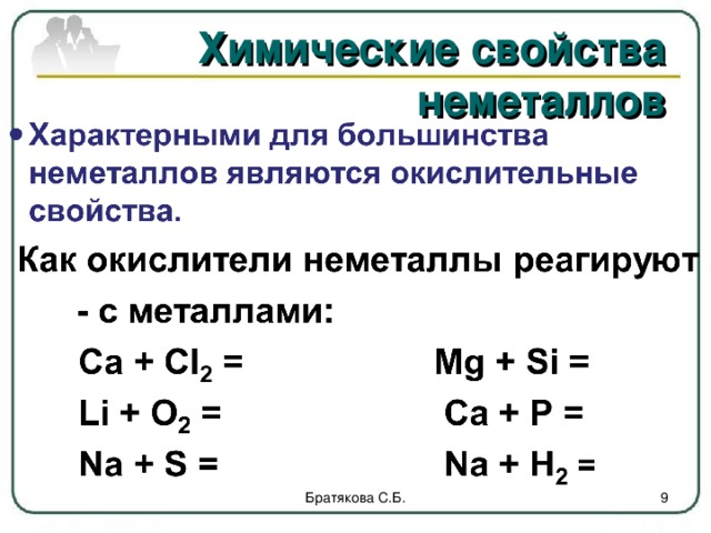 Химические свойства неметаллов Братякова С.Б.  