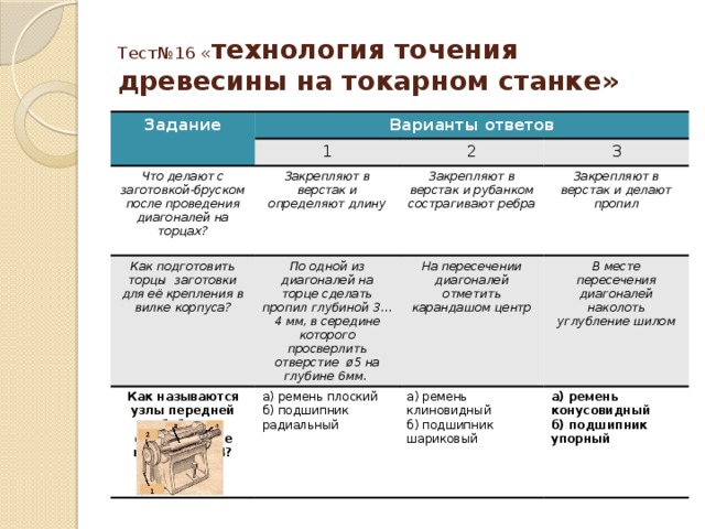 Тест№16 « технология точения древесины на токарном станке» Задание Варианты ответов 1 Что делают с заготовкой-бруском после проведения диагоналей на торцах? Закрепляют в верстак и определяют длину Как подготовить торцы заготовки для её крепления в вилке корпуса? 2 3 По одной из диагоналей на торце сделать пропил глубиной 3…4 мм, в середине которого просверлить отверстие ø5 на глубине 6мм. Закрепляют в верстак и рубанком сострагивают ребра Как называются узлы передней бабки, обозначенные цифрами 1; 4? Закрепляют в верстак и делают пропил На пересечении диагоналей отметить карандашом центр а) ремень плоский В месте пересечения диагоналей наколоть углубление шилом б) подшипник радиальный а) ремень клиновидный б) подшипник шариковый а) ремень конусовидный б) подшипник упорный 