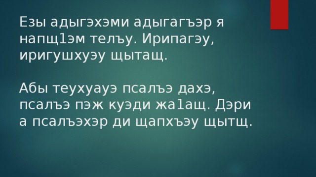 Езы адыгэхэми адыгагъэр я напщ1эм телъу. Ирипагэу, иригушхуэу щытащ. Абы теухуауэ псалъэ дахэ, псалъэ пэж куэди жа1ащ. Дэри а псалъэхэр ди щапхъэу щытщ. 