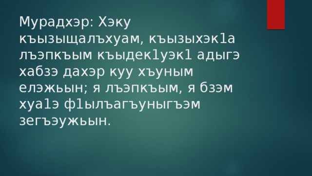 Мурадхэр: Хэку къызыщалъхуам, къызыхэк1а лъэпкъым къыдек1уэк1 адыгэ хабзэ дахэр куу хъуным елэжьын; я лъэпкъым, я бзэм хуа1э ф1ылъагъуныгъэм зегъэужьын. 