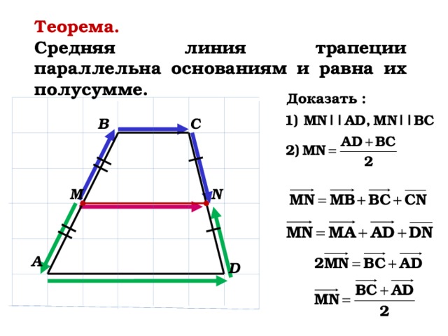 Линия трапеции равна полусумме ее оснований. Теорема о средней линии трапеции. Геометрия 8 класс Атанасян средняя линия треугольника. Как найти отрезок на средней линии трапеции.