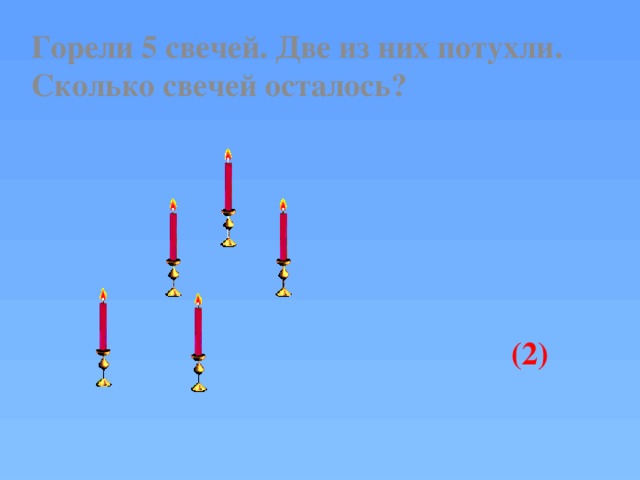 Сколько свечей. 5 Свечей горят. Горели 5 свечей две погасли сколько свечей осталось. Горело 5 свечей 2 погасли. Горело 7 свечей 2 потухло сколько осталось.